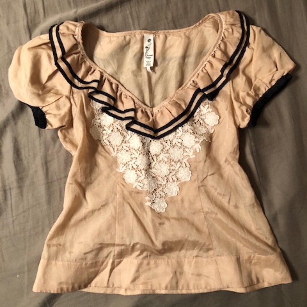 Anthropologie Ruffle and Lace Silk Blouse Sz 2